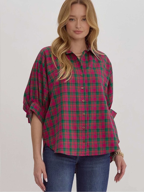 entro Tops - Entro Pink Green Plaid Oversized Pima Cotton Button Up Small